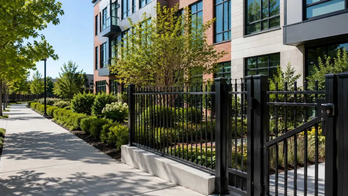Black commercial metal fence and secure gate surrounding a landscaped Cambridge MA mixed-use or professional property.