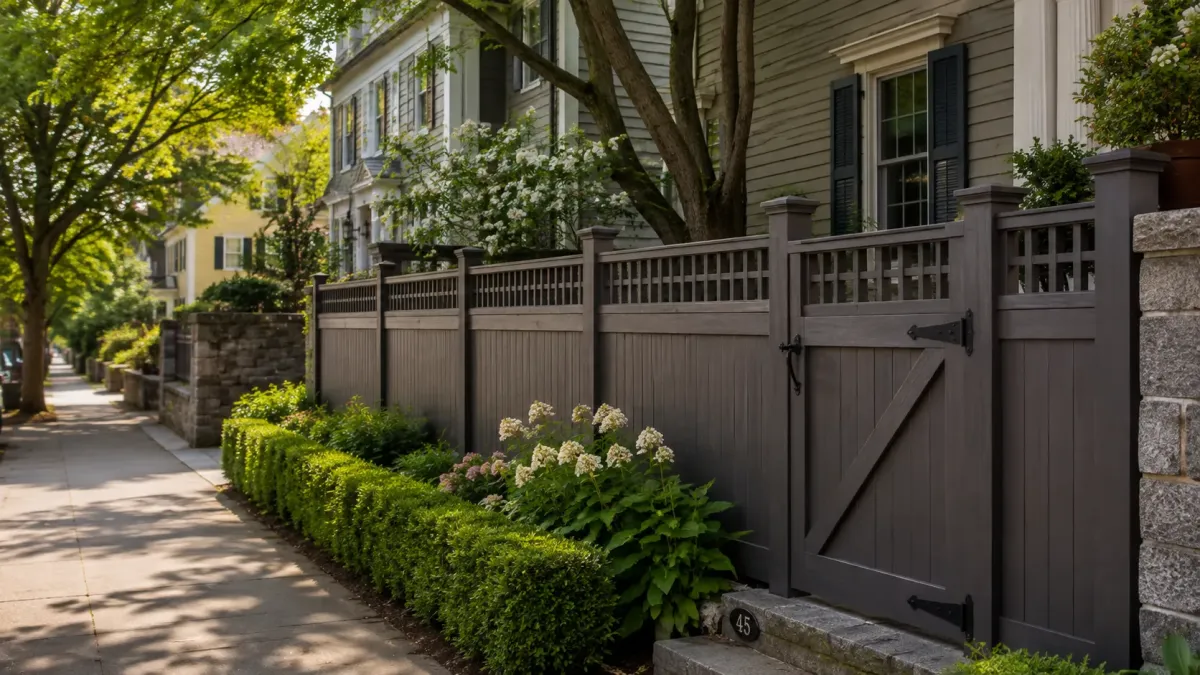 Professionally restored gray wood privacy fence and gate along a landscaped Cambridge MA residential property.
