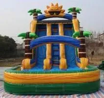 Green and yellow bouncy house with integrated slide and pool