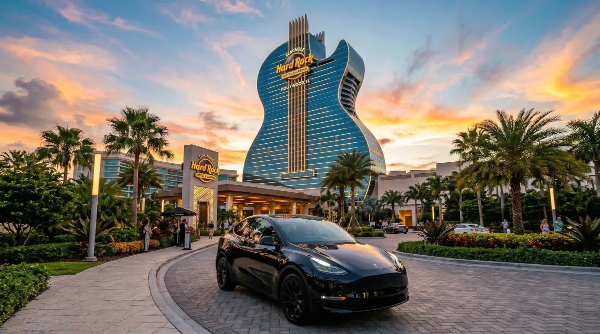 Amped Auto Rentals Tesla Model 3 delivered to a South Florida hotel with palm trees and sunny skies