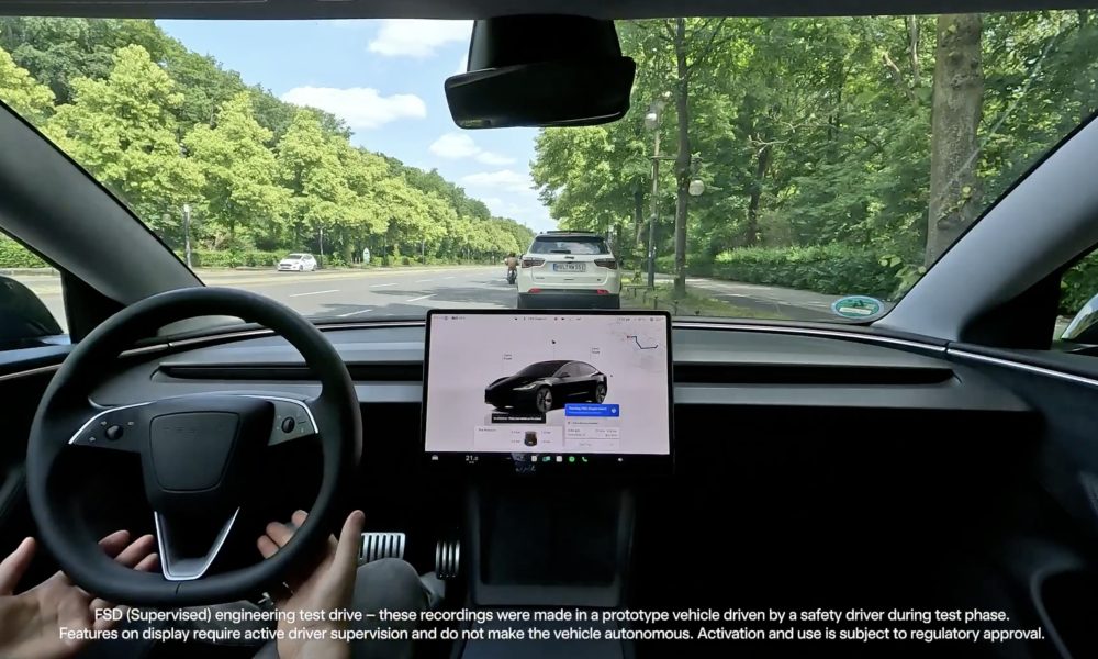 Tesla Model 3 driving on a Miami highway using FSD v14.3.4, available to rent from Amped Auto Rentals