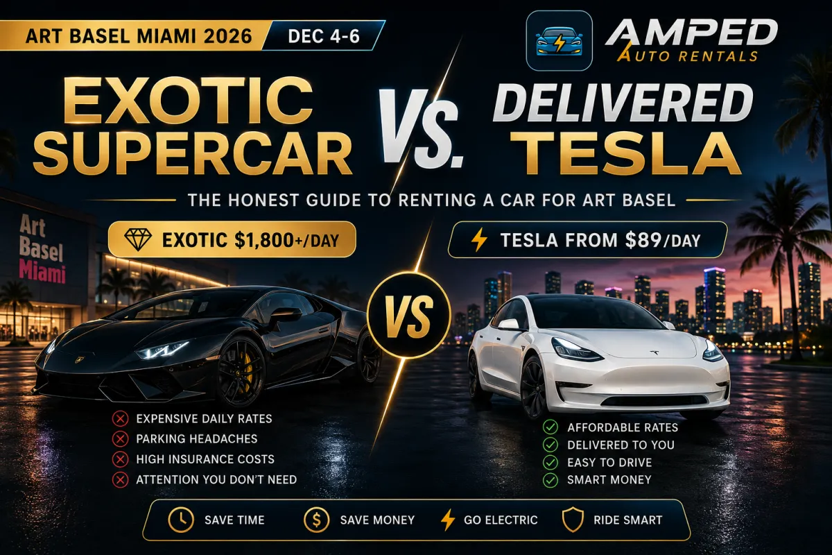 Tesla delivered for Art Basel Miami Beach vs exotic supercar rental comparison