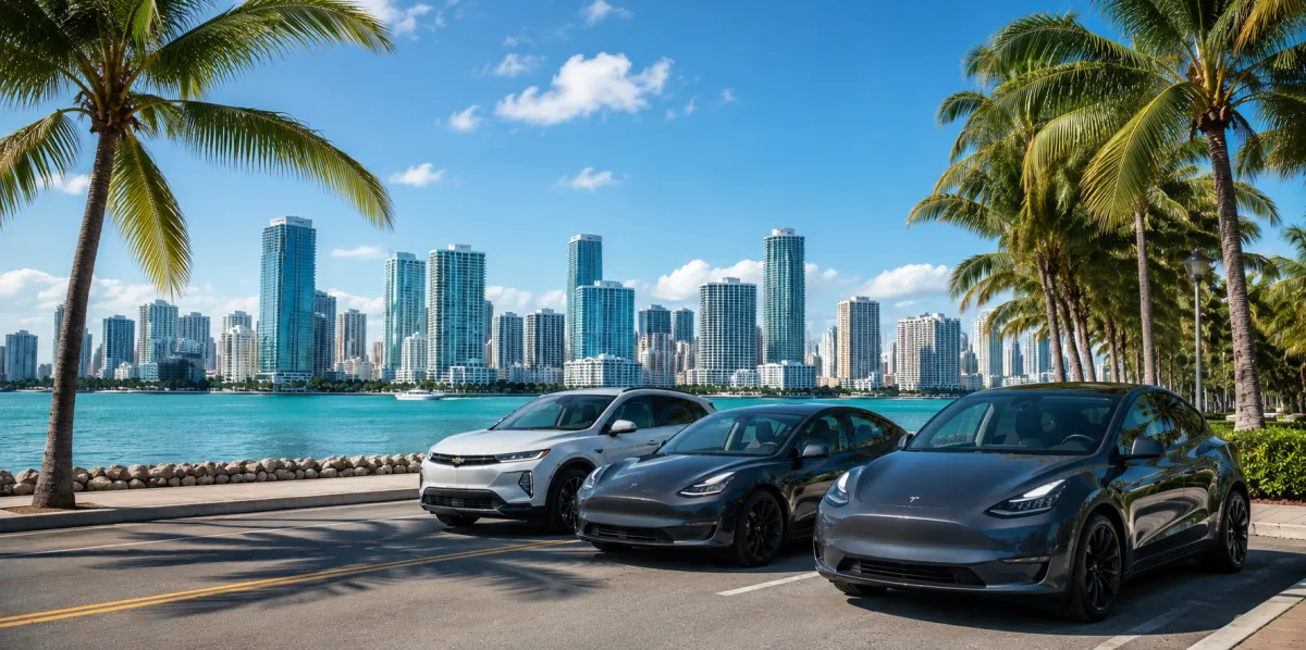 (cover)	Downtown Miami skyline across Biscayne Bay framed by palm trees, with cars parked along the waterfront — Amped Auto Rentals delivers electric rental cars across South Florida