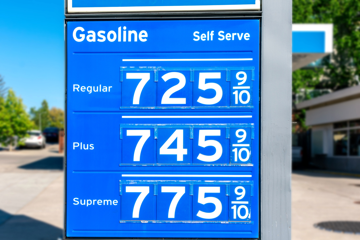 High gasoline prices displayed on a gas station price sign