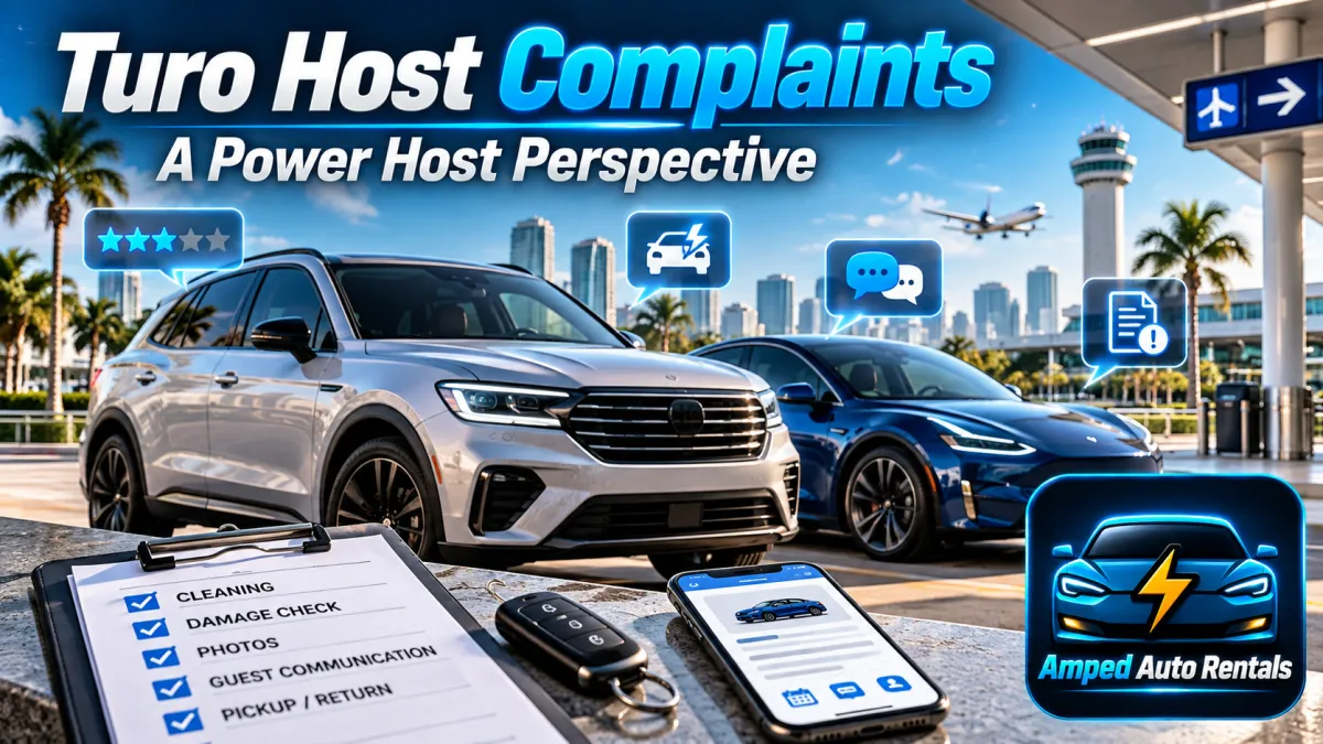 Turo host complaints article cover showing Amped Auto Rentals logo, South Florida airport rental vehicles, review metrics, damage checks, guest communication, and host accountability concerns