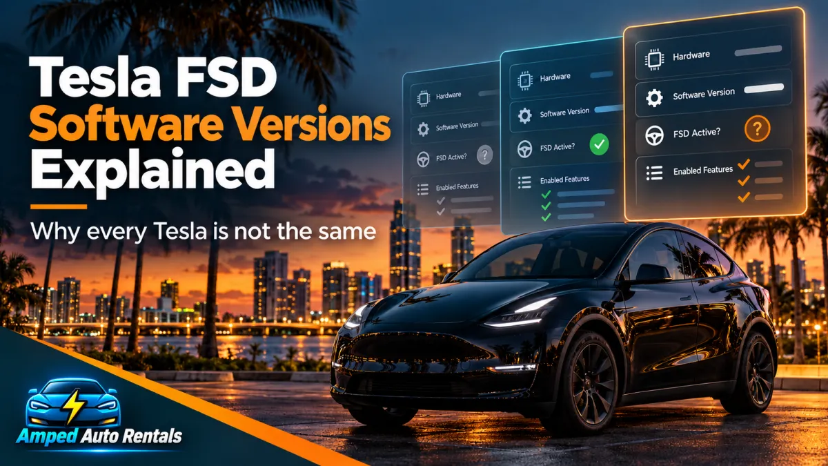 Tesla FSD software versions explained blog cover showing a black Tesla Model Y with software update panels and Amped Auto Rentals branding
