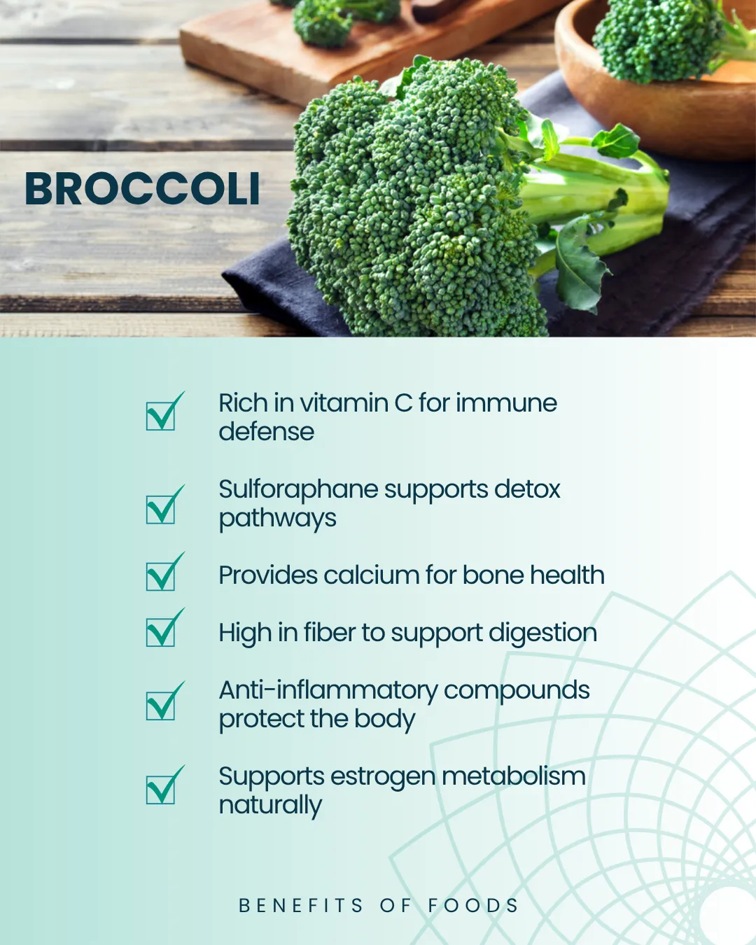Image of broccoli with a list of its health benefits.