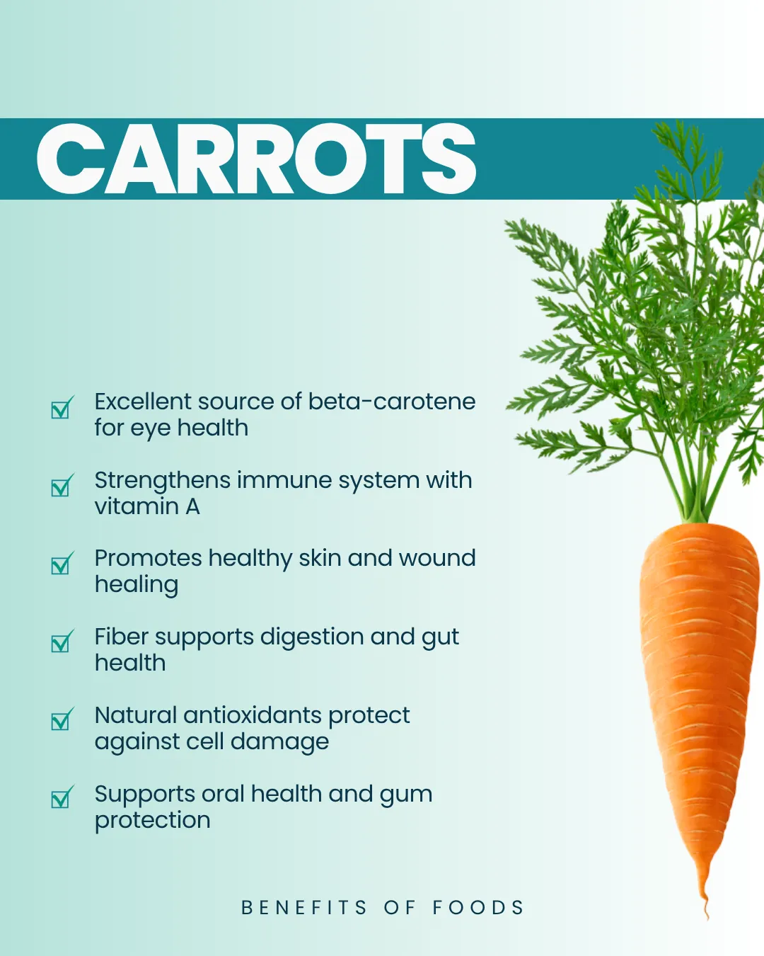 Illustration showing health benefits of carrots with a fresh carrot.