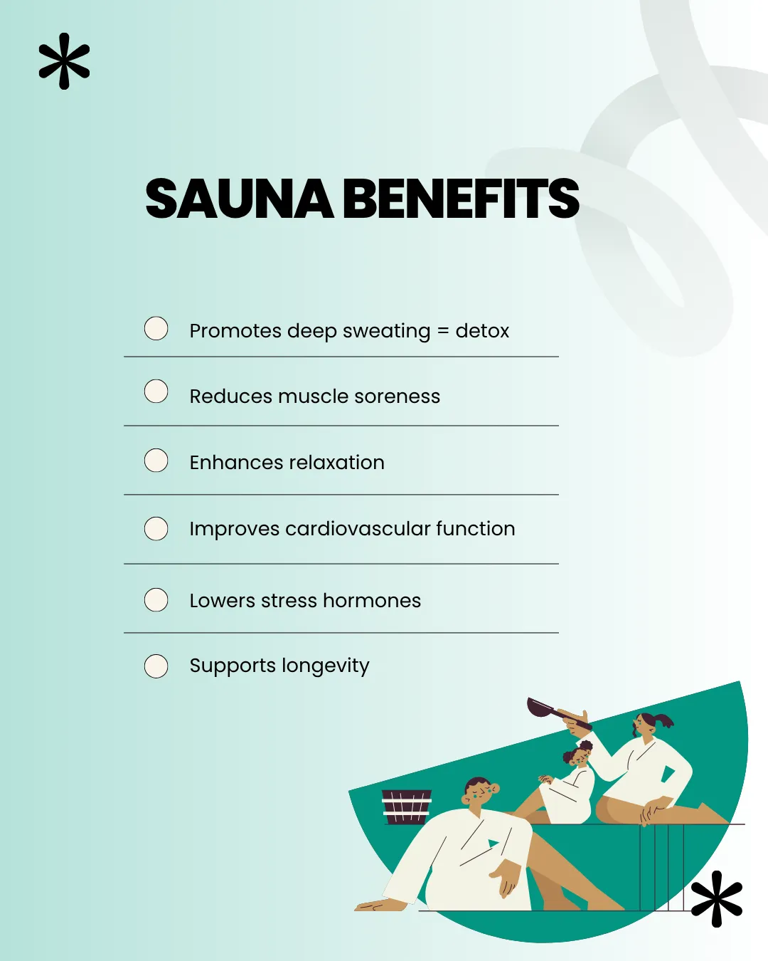 Illustration of people enjoying sauna benefits including detox and relaxation.