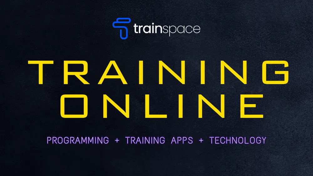 TrainSpace branding with "TRAINING ONLINE" in bold yellow text, featuring keywords "PROGRAMMING," "TRAINING APPS," and "TECHNOLOGY" against a dark background.