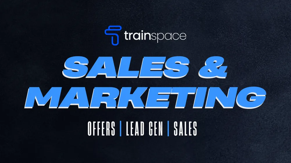TrainSpace branding with "Sales & Marketing" text, emphasizing offers, lead generation, and sales strategies for coaching professionals.