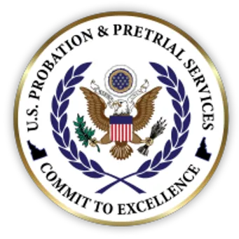 Logo for U.S. Probation and Pretrial Services. A circle with text running the edges. The text says U.S. Probation & Pretrial Services, Commit to Excellence. Inside the circle is an eagle with wheat on both sides.