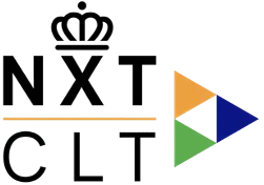 The logo for NXT CLT. Graphic composed of a black crown above an NXT. Below NXT is CLT. Separated with a horizontal orange line, next to a multicolored triangles forming a larger equilateral triangle.