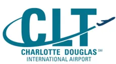 Logo for Charlotte Douglas Airport - Features the letters CLT with an airplane swooping.