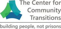 Logo for The Center for Community Transiions. Their motto is "building people, not prisons". Image feaures a triangle made of three curved lines.