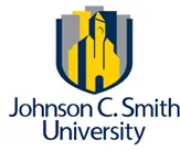 The logo for Johnson C. Smith University. A yellow cathedral on a striped blue shield.