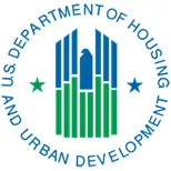 Logo for HUD, the US Department of Housing and Urban Development. Feaures a blue and green skyscraped with an eagle in the middle.