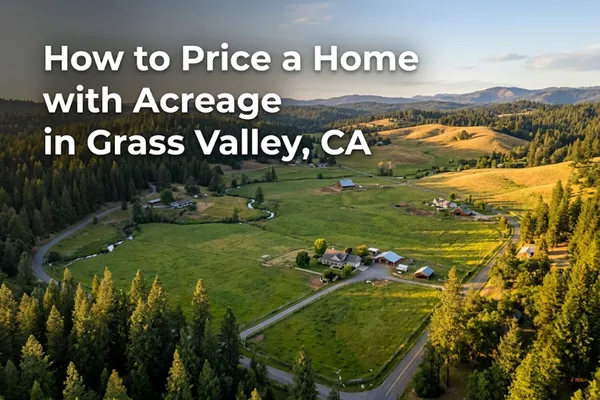Aerial view of a Grass Valley CA home with surrounding acreage