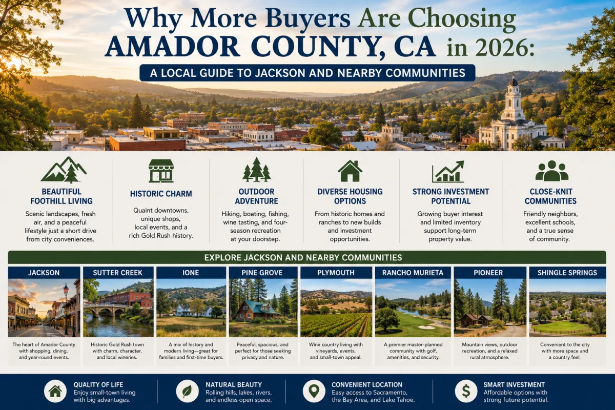 Scenic Amador County, California featuring Jackson and nearby communities with rolling hills, historic downtowns, vineyards, and residential neighborhoods.