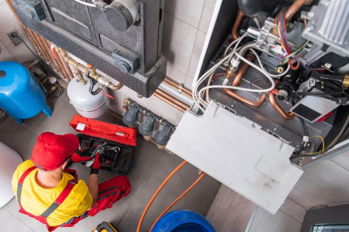 A worker dressed in red and yellow clothing is focused on tasks involving a furnace in a workshop environment.