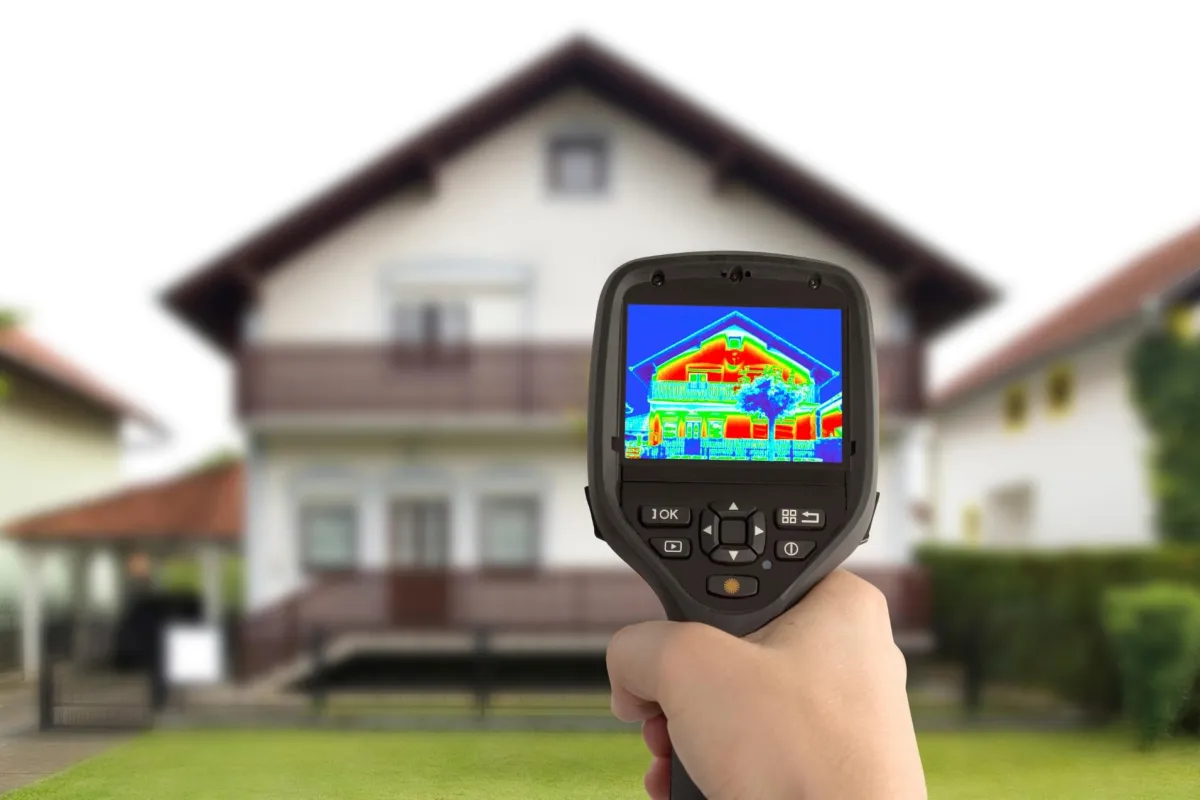 A person using a thermal camera to inspect the exterior of a house, capturing temperature variations in the structure.