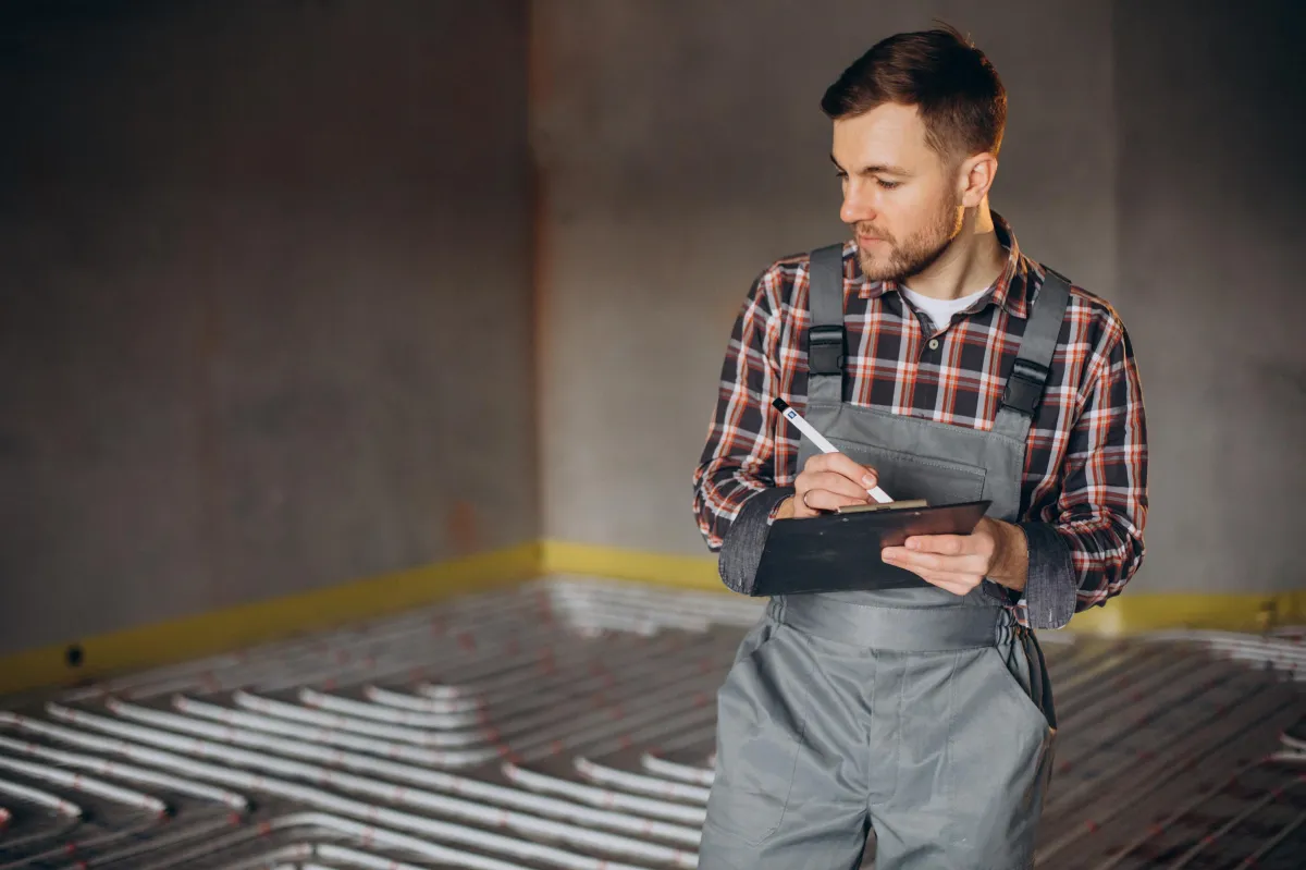 A man in overalls stands confidently in front of a radiant heating floor, showcasing modern home heating technology.