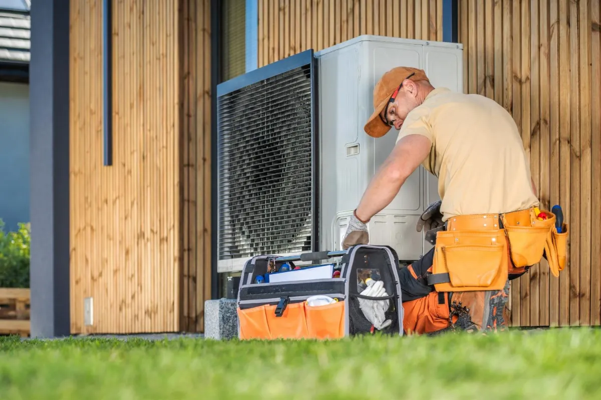 A technician repairing an air conditioner, focused on his task with tools in hand, surrounded by equipment and parts.