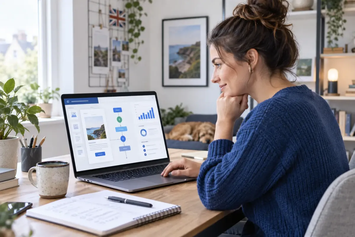 Small-business owner reviewing an email newsletter, automation journey and campaign analytics on a laptop