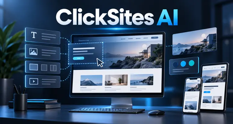 ClickSites AI website builder shown creating a responsive website across desktop, tablet and mobile