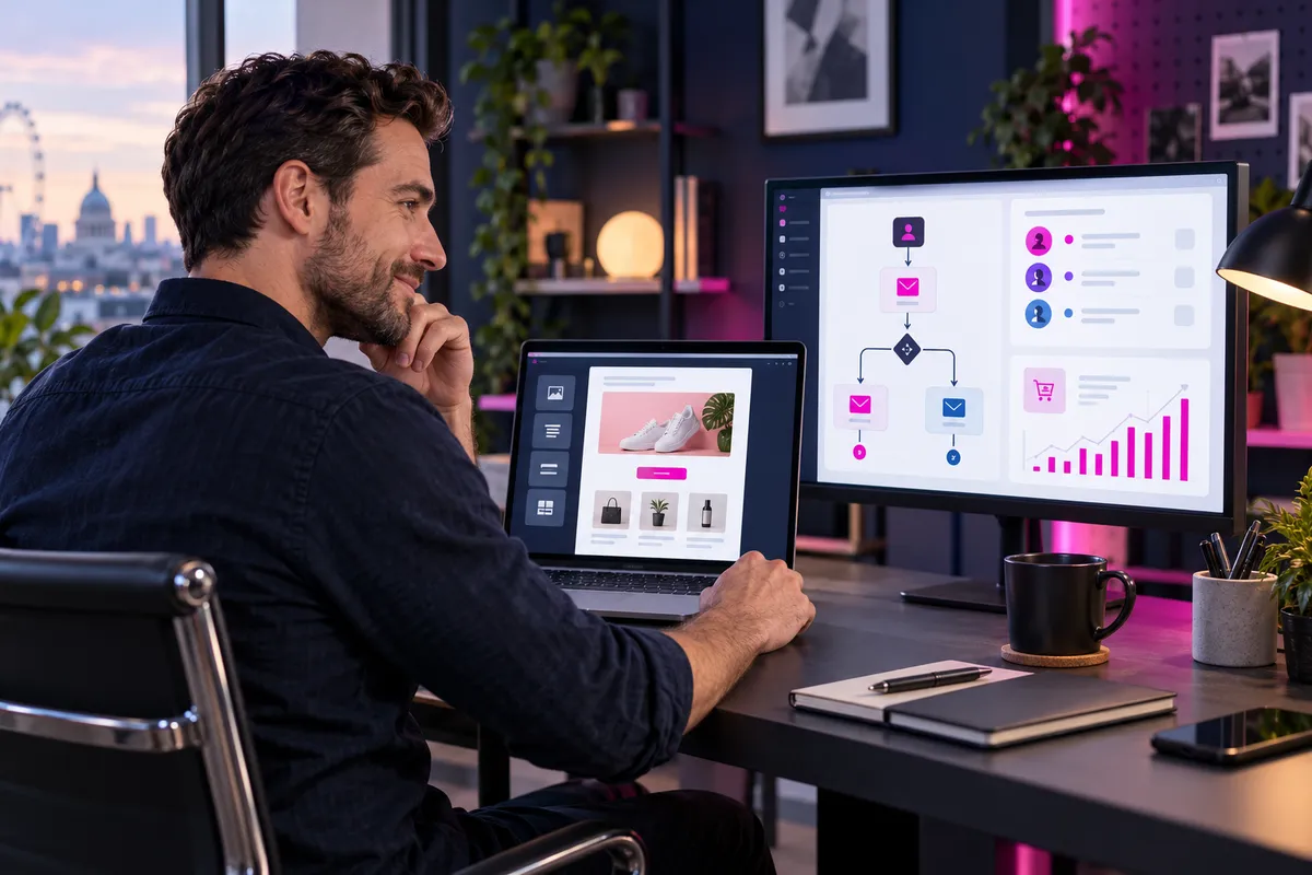 Male ecommerce marketer reviewing an email campaign, customer segments, automation workflow and revenue analytics