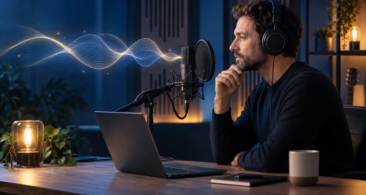 Male content creator reviewing an AI voiceover beside a studio microphone and laptop with an abstract audio waveform