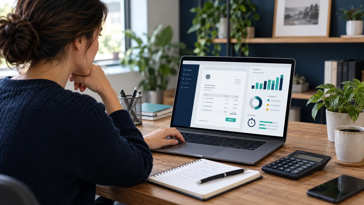 Small business owner reviewing invoices, sales charts and time tracking on a laptop