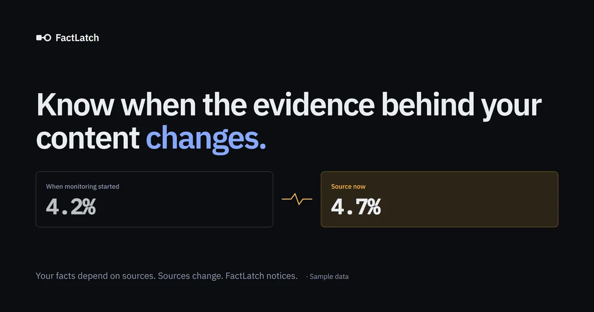 FactLatch promotional graphic illustrating a source evidence change with sample data