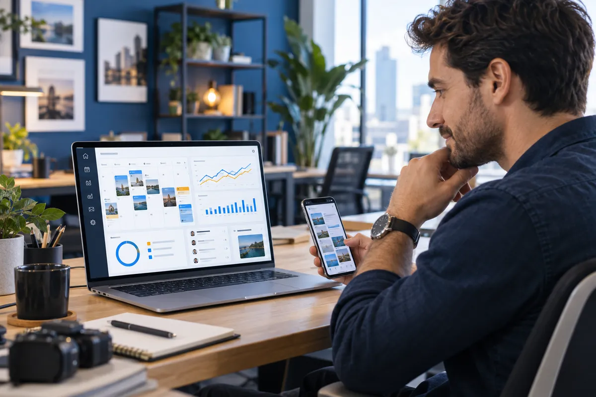 Male social media manager reviewing a content calendar, campaign analytics and scheduled posts on a laptop and smartphone