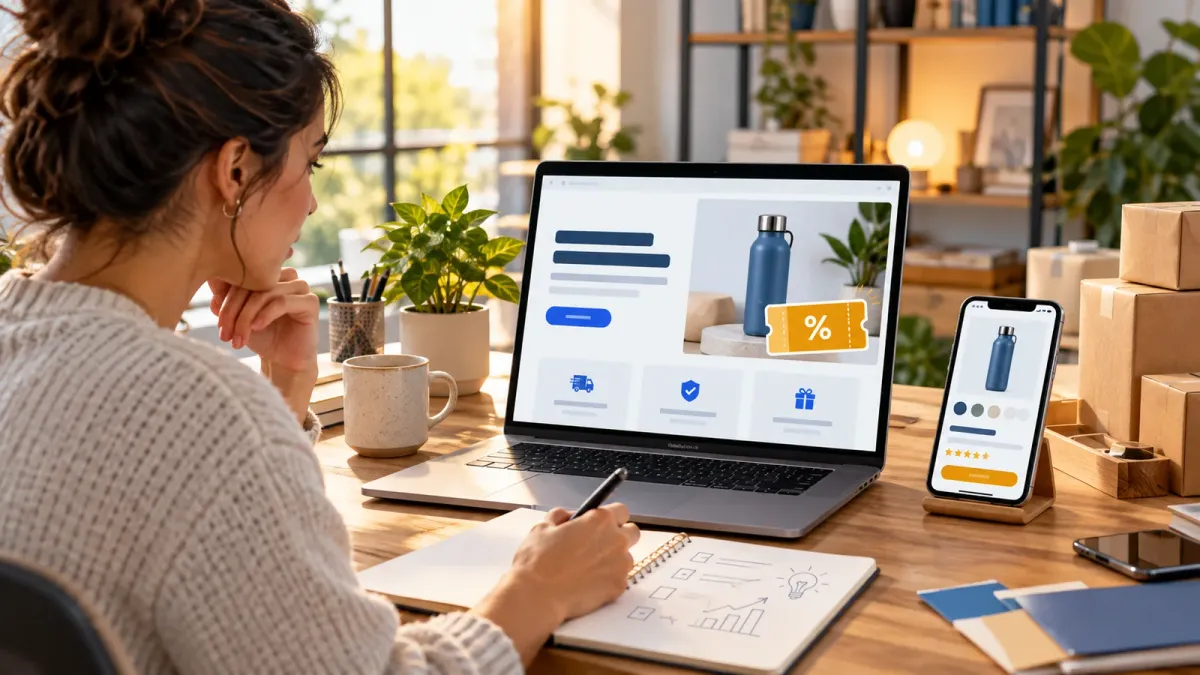Amazon seller planning a product landing page and coupon campaign at a desk