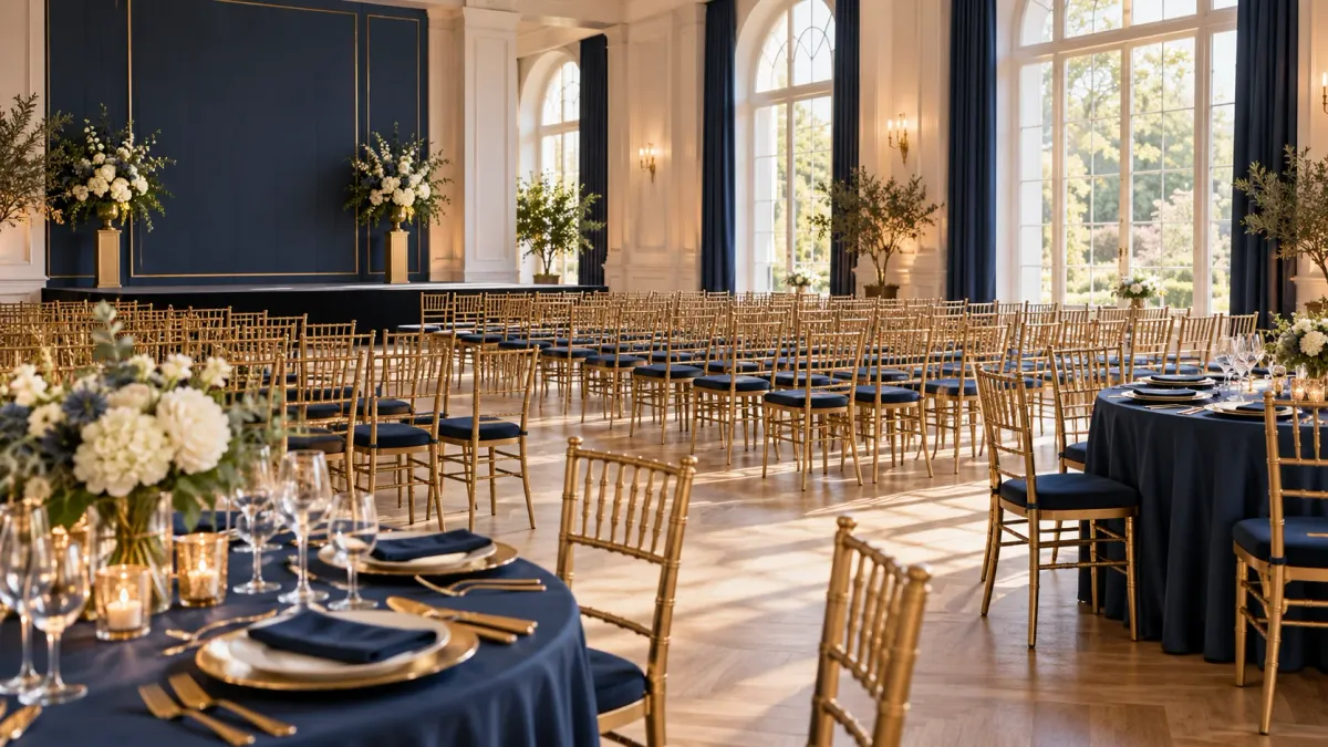 Illustrative event venue with rows of gold chairs