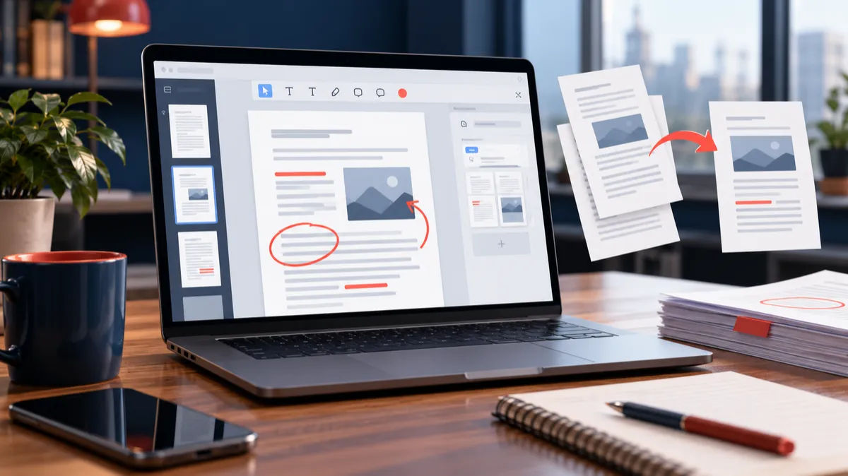 Laptop showing PDF pages being edited, annotated and merged