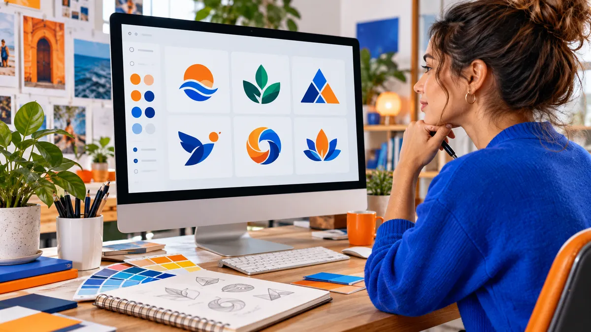 Designer reviewing logo concepts and colour swatches on a desktop computer
