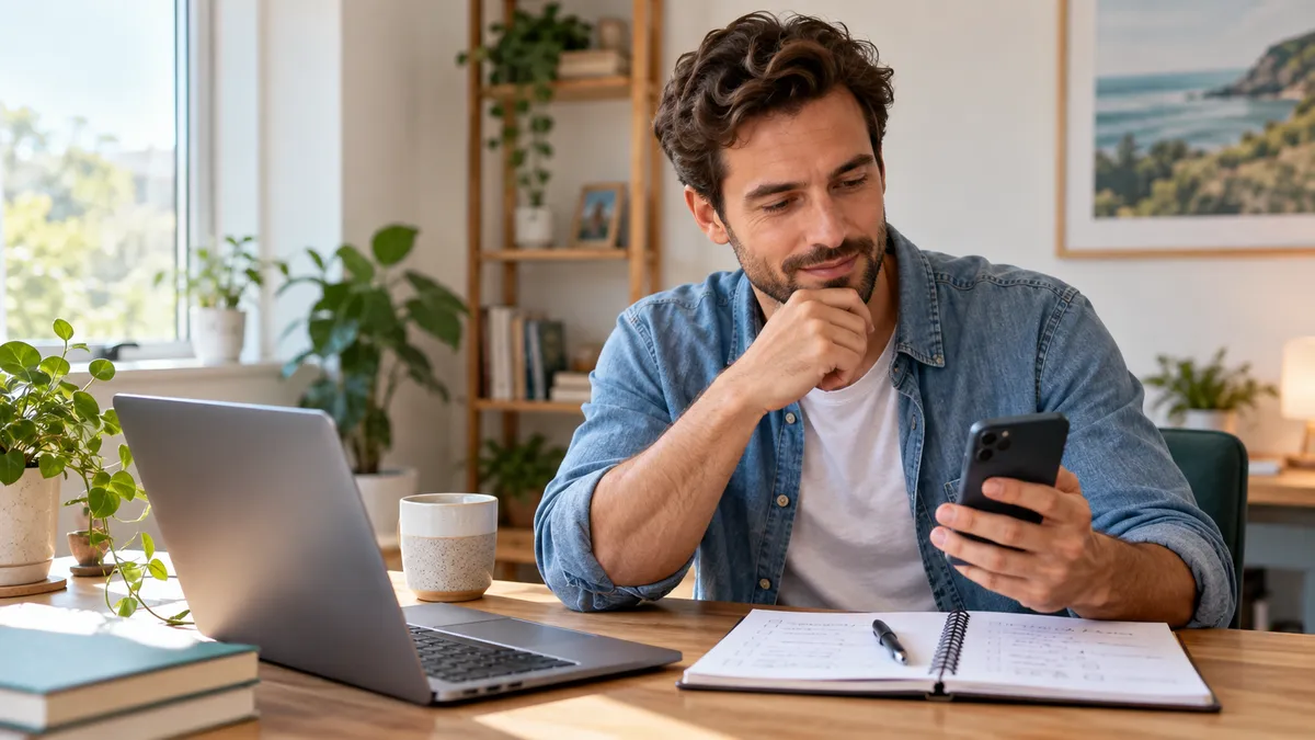 Man using a smartphone while planning an online project at home