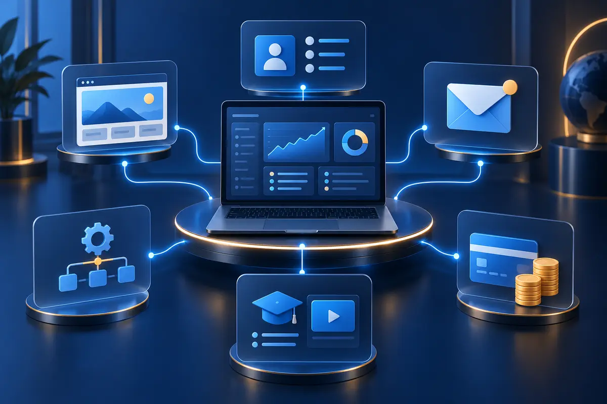 Illustration of connected website, email and marketing tools