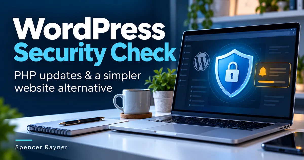 WordPress security check illustration with a laptop, blue shield and padlock.