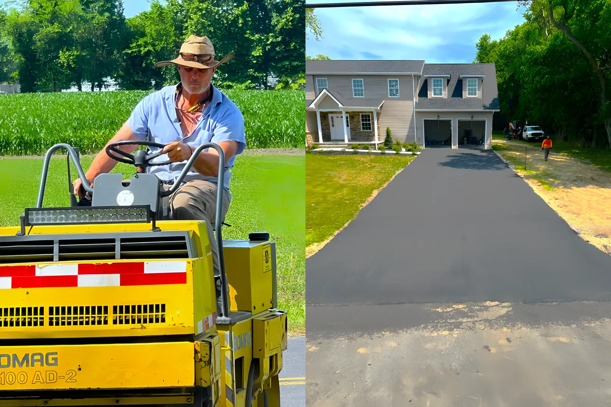 Professional asphalt paving in action: A worker operates a BOMAG 100 AD-2 road roller on a residential driveway. The newly paved driveway leads to a modern two-story home with a neatly maintained front yard. The scene illustrates high-quality asphalt installation and residential driveway paving services.