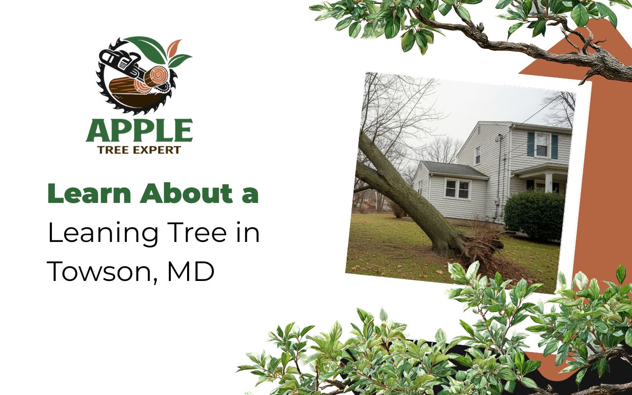 Warning signs on a leaning tree in Towson, MD near a home