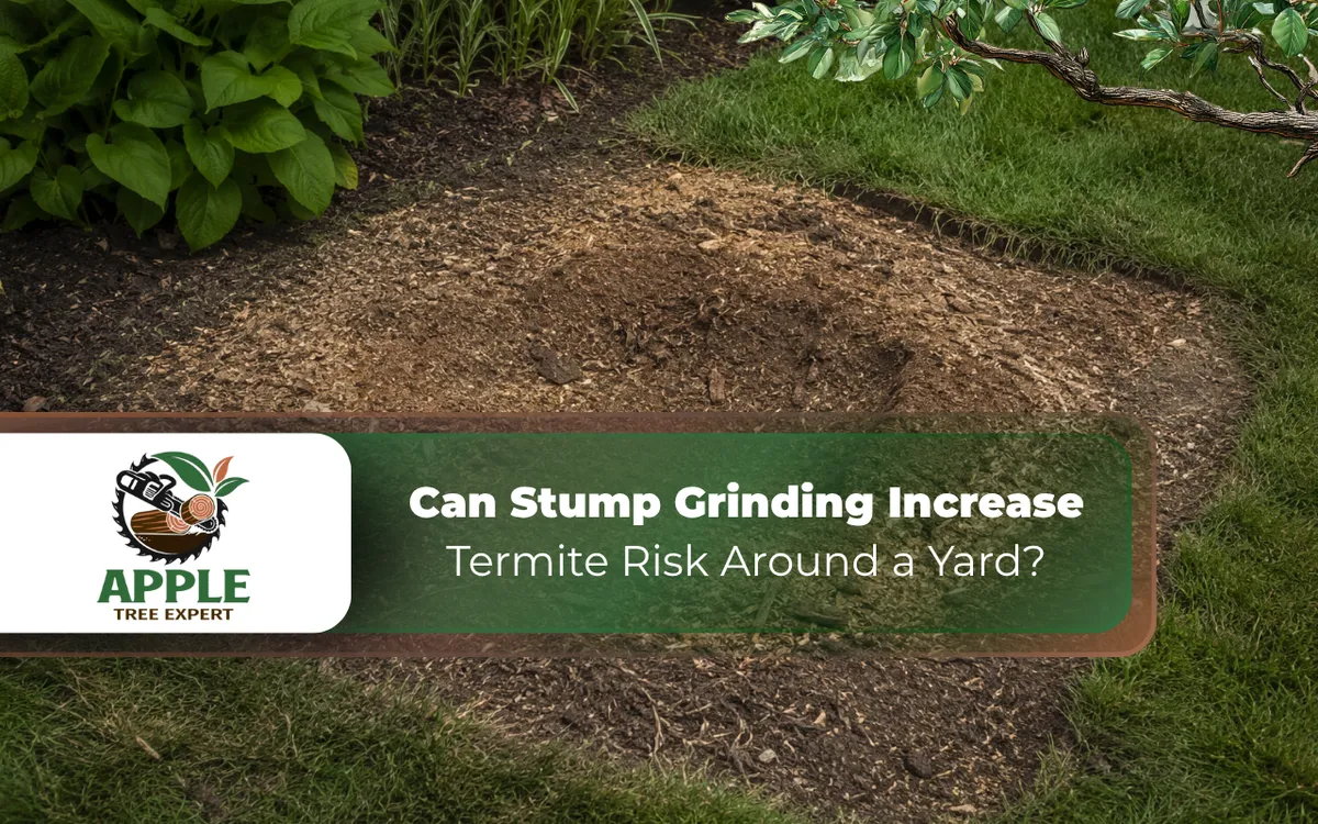 Stump grinding area in Columbia MD with wood chips and exposed soil