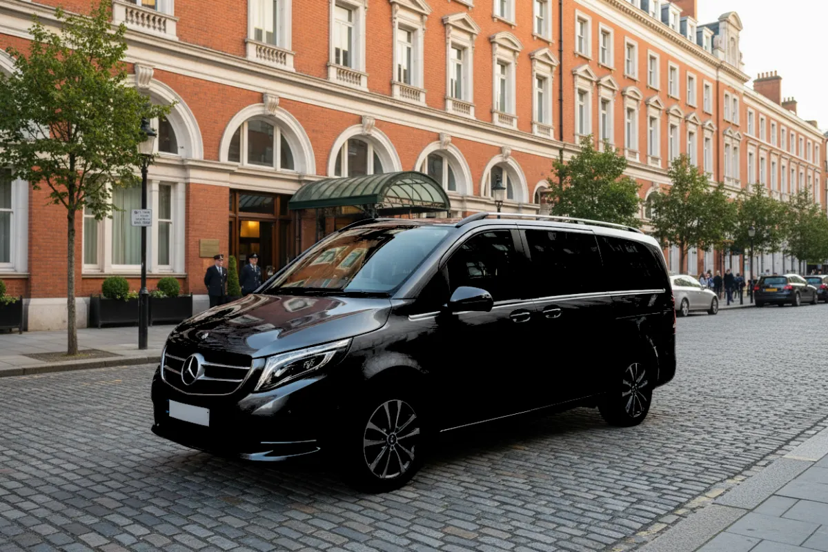 Black Mercedes V-Class arriving at a traditional Irish countryside manor
