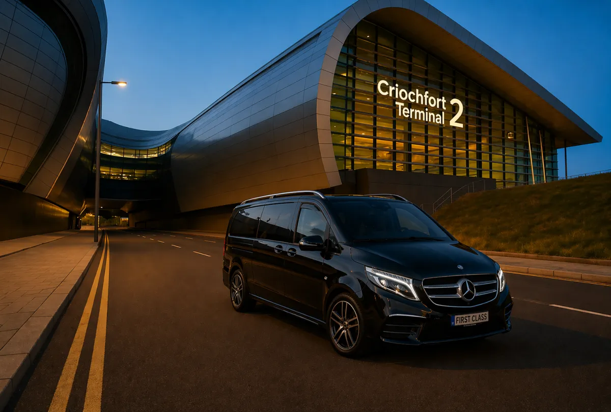Black Mercedes V-Class waiting for airport transfer arrival in Dublin