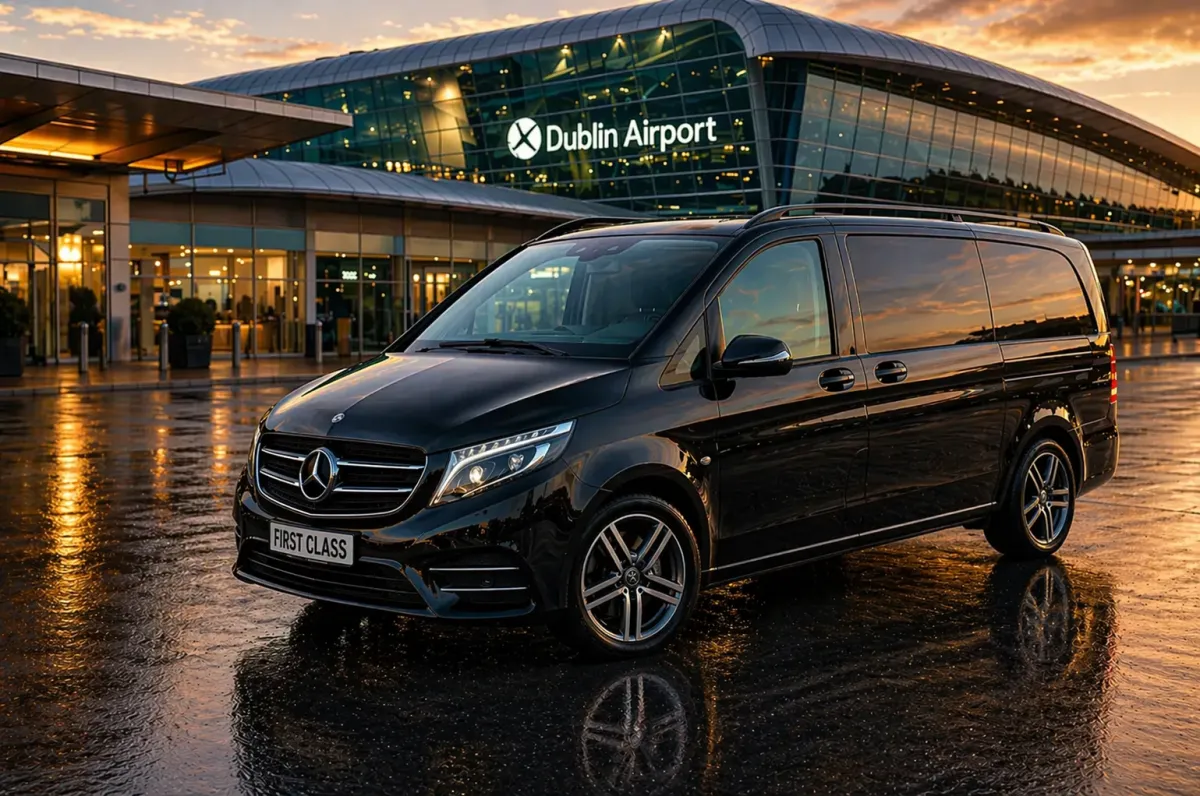 Black Mercedes V-Class waiting for airport transfer arrival in Dublin