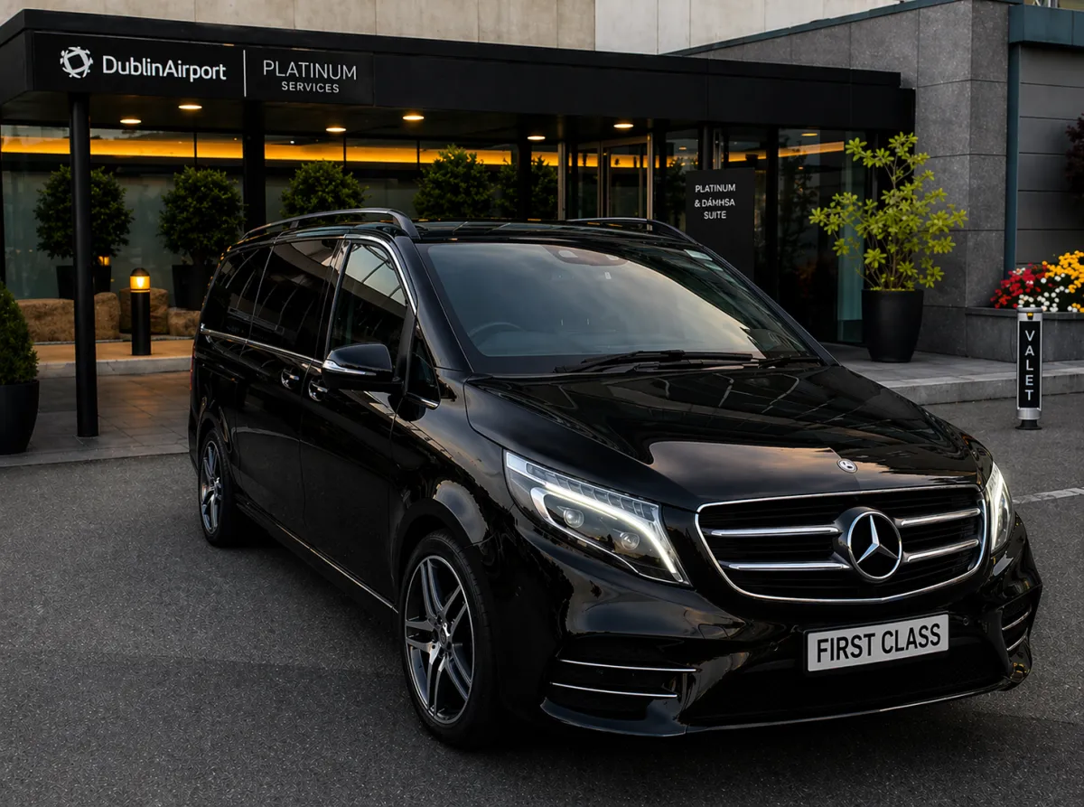Black Mercedes V-Class waiting for airport transfer arrival in Dublin
