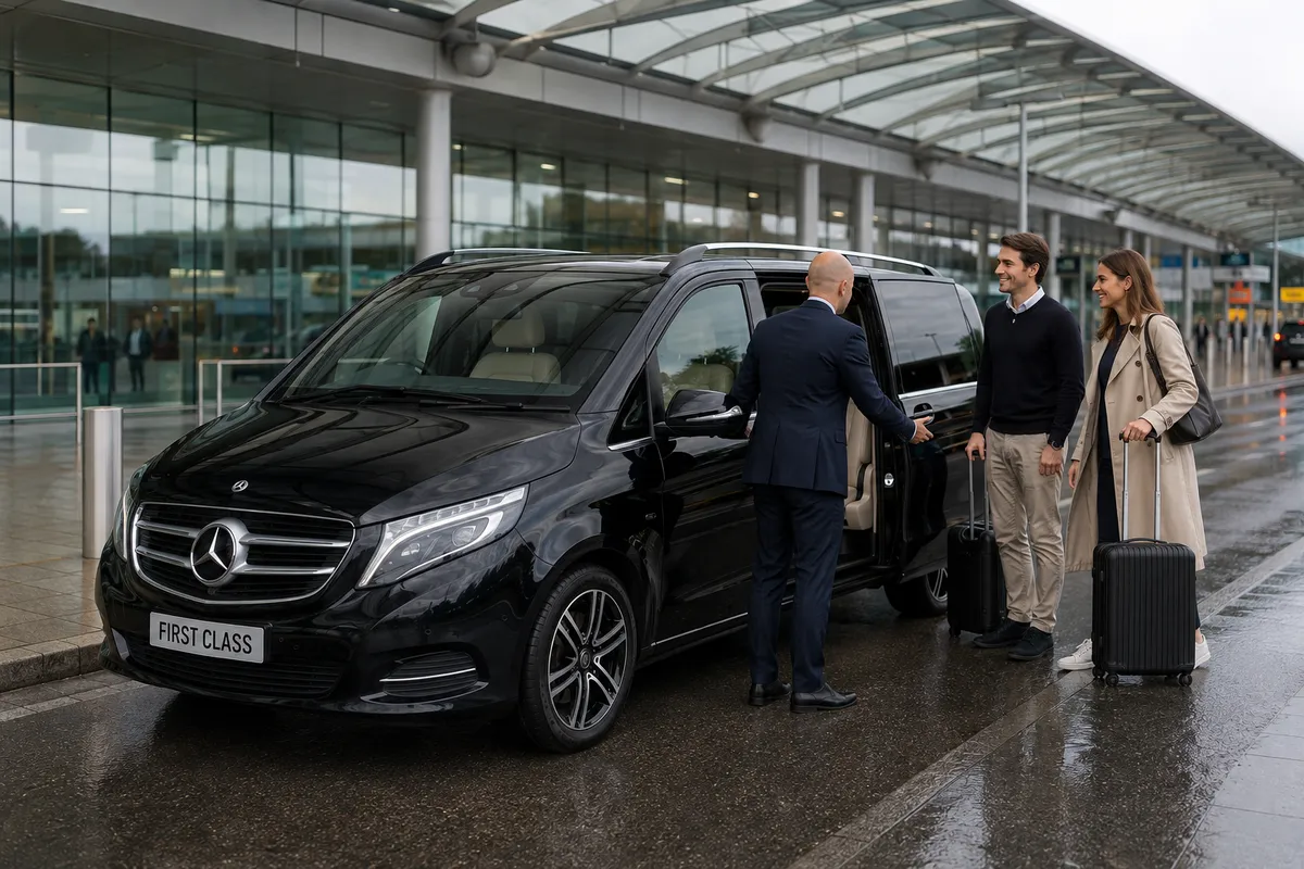 chauffeur Black Mercedes V-Class arriving at the westbury hotel dublin