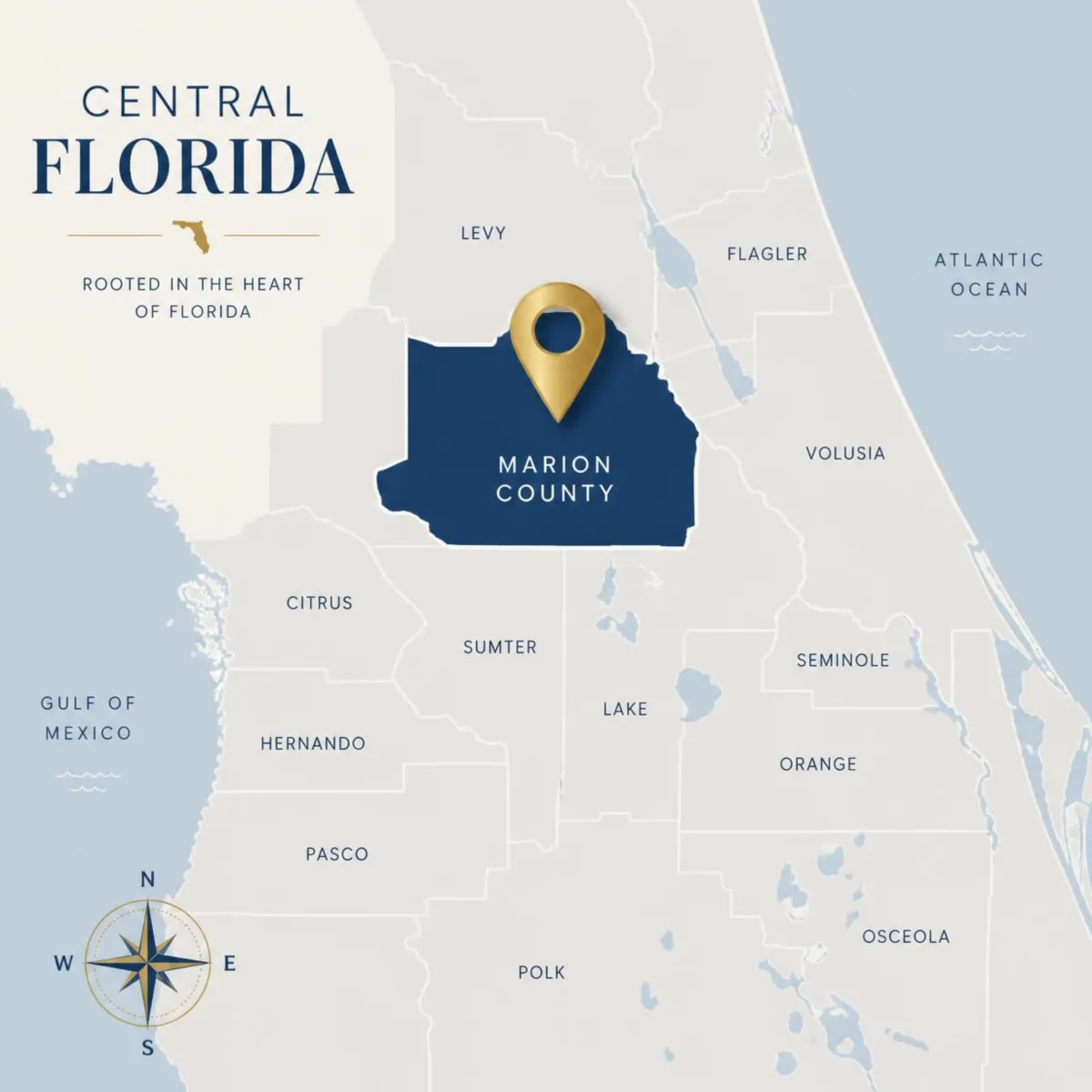 Stylized map of Florida highlighting Marion County and Central Florida regions in navy and gold